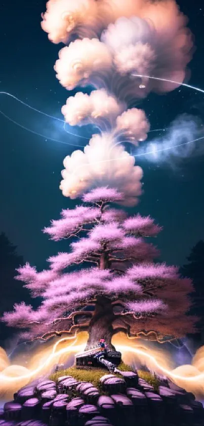 Enchanting pink tree under glowing clouds and night sky.