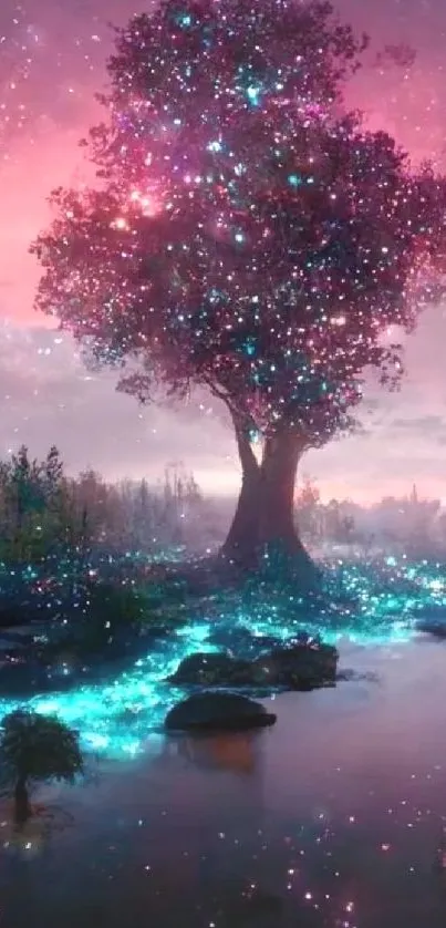 A magical, glowing tree beside a shimmering stream under a violet night sky.