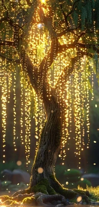 A mystical tree illuminated by glimmering lights, creating a magical scene.