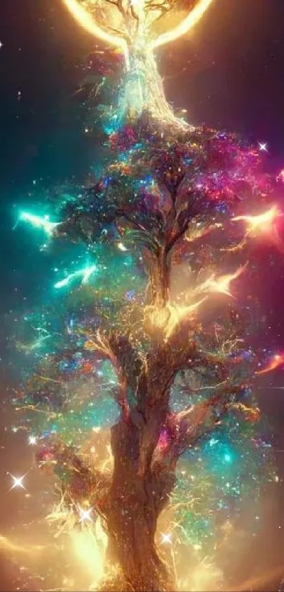 Mystical glowing tree with vibrant cosmic lights.