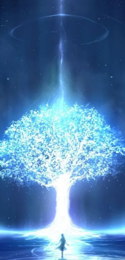 Glowing magical tree at night with starry sky backdrop.