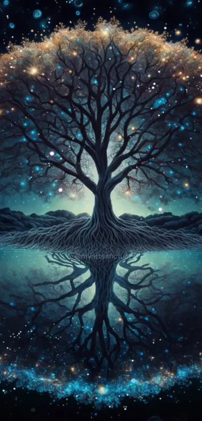 Magical tree with stars and reflection in a dark blue night.