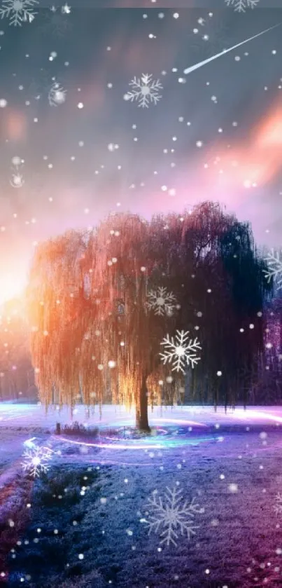 Magical winter tree with snowflakes and neon lights in a frosty landscape.