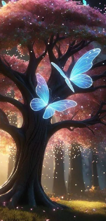 Glowing tree with blue butterflies in a magical forest setting.