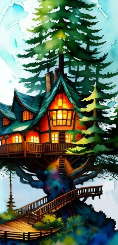 Artistic fantasy treehouse with glowing windows and lush trees in watercolor style.