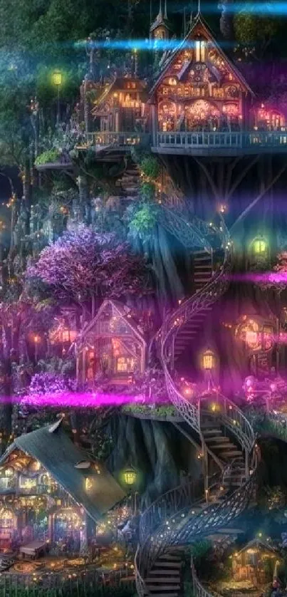 Whimsical treehouses with glowing lights in a lush fantasy forest at night.