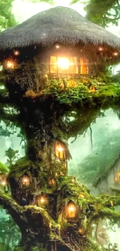 Magical treehouse in lush forest wallpaper, perfect for fantasy lovers.