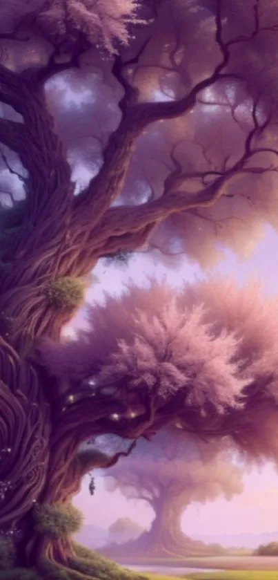 Enchanting purple forest with twilight trees and a dreamlike atmosphere.