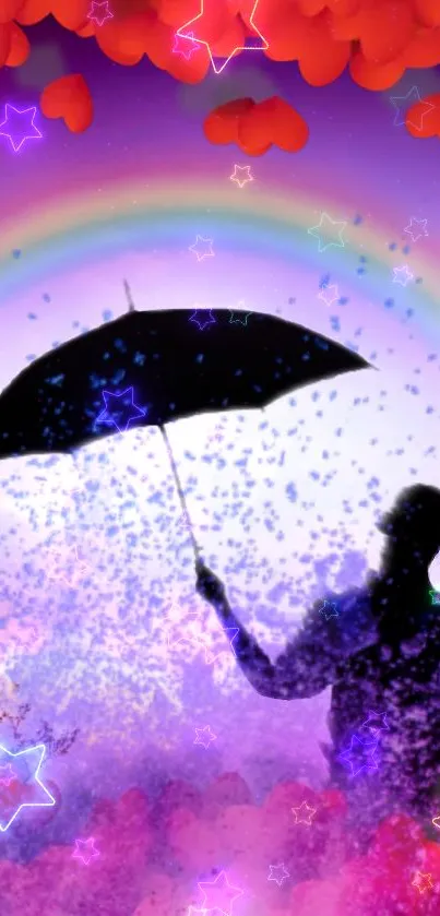 Silhouette with umbrella under rainbow sky with stars and hearts.