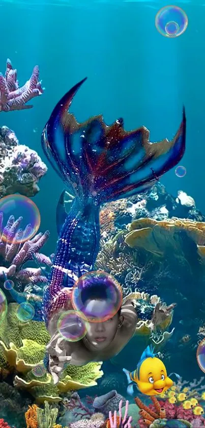 Mermaid amid bubbles and coral in a whimsical underwater scene.