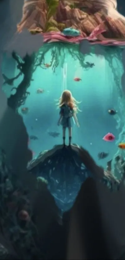 Girl standing in a magical underwater world with colorful fish and scenery.