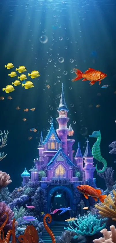 Magical underwater castle with fish and colorful coral.