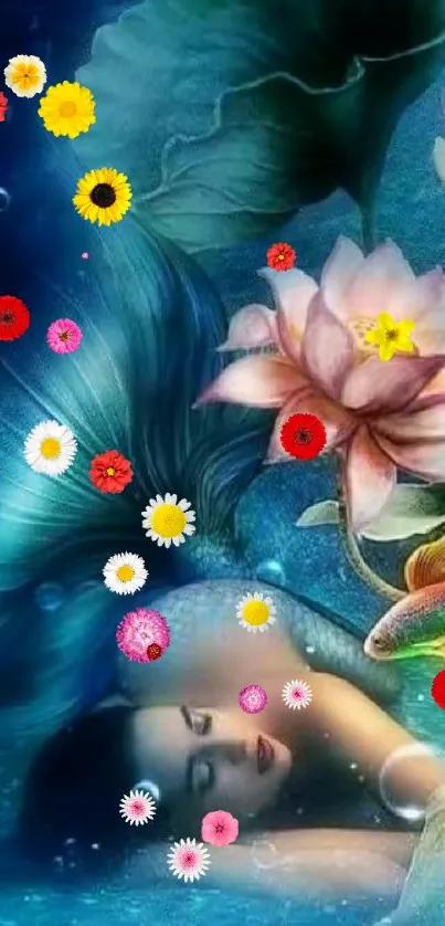 A serene mermaid amidst lotus flowers in a magical underwater scene.