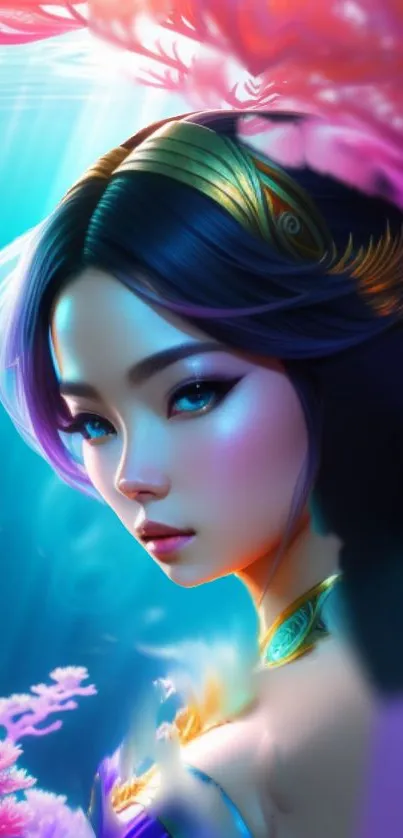 Fantasy art of a woman in a vibrant underwater scene.