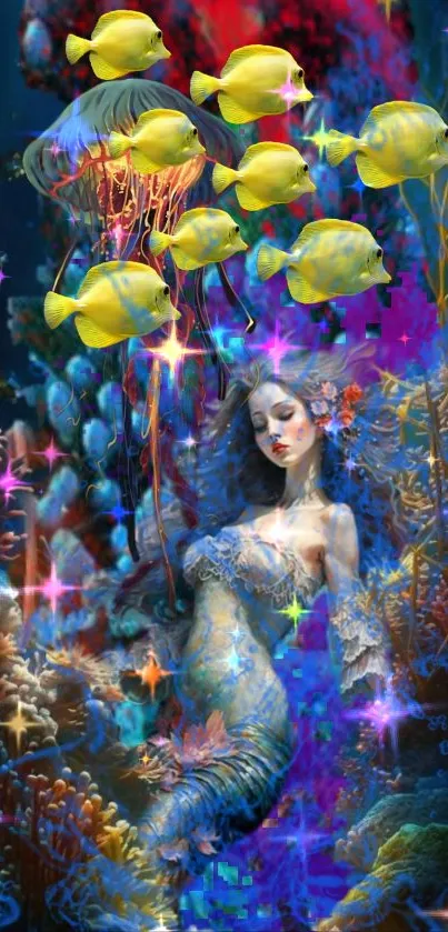 Fantasy underwater scene with mermaid and vibrant fish.