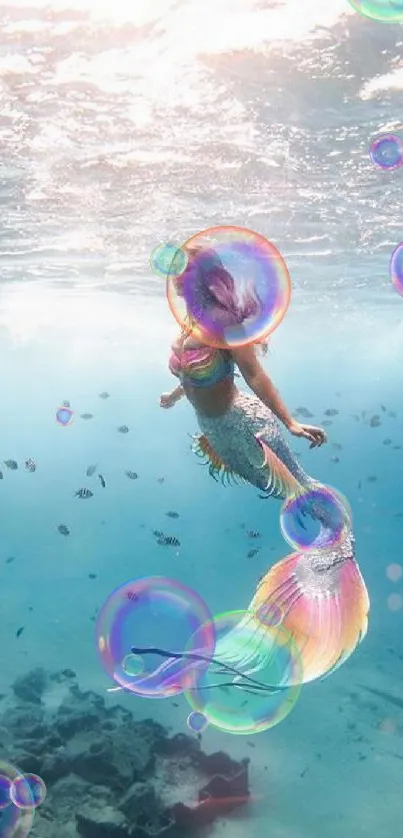 Magical mermaid swimming underwater with vibrant colors and serene ocean backdrop.