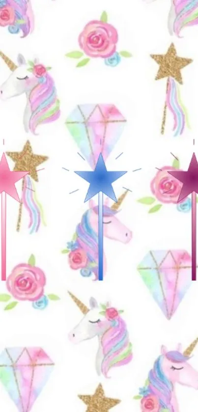 Whimsical unicorn, star, and floral mobile wallpaper in pastel colors.