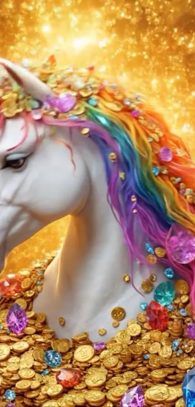 A colorful unicorn with a rainbow mane surrounded by gold and jewels.