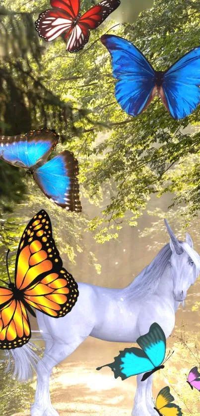 Unicorn with colorful butterflies in a sunlit forest.