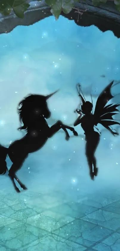 Fantasy unicorn and fairy silhouette in a mystical blue setting wallpaper.