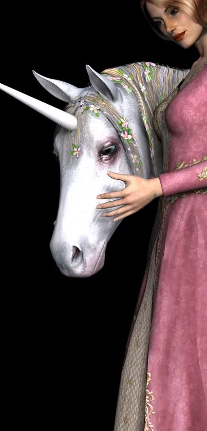 A lady gently touches a unicorn on a black background.