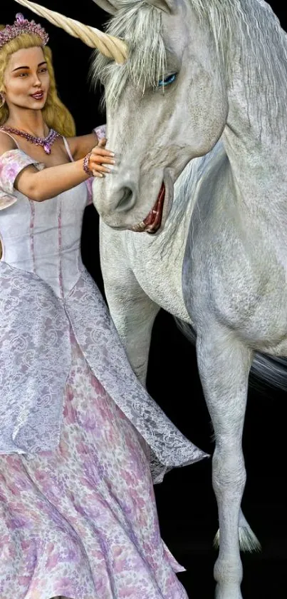 Princess gently touching a unicorn.