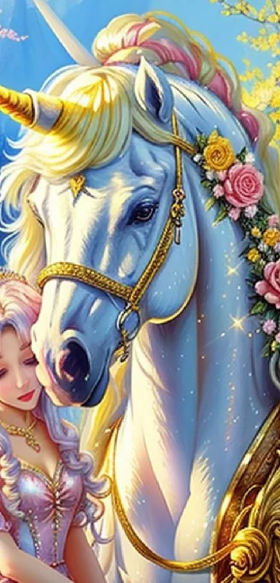 Fantasy wallpaper with unicorn and princess, rich in detail and vibrant colors.