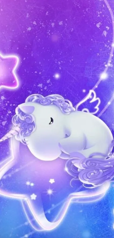 Magical unicorn with stars in purple and blue hues mobile wallpaper.