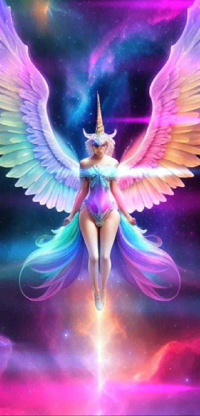 Fantasy unicorn angel with rainbow wings in a cosmic background.