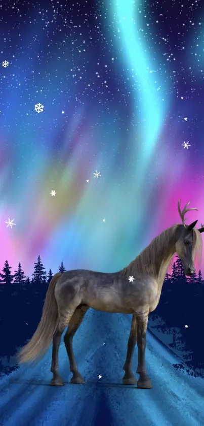 Unicorn beneath Northern Lights in a magical night sky.