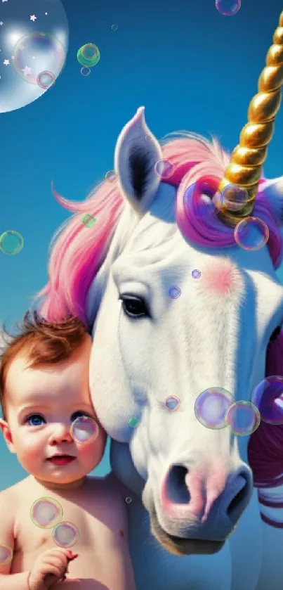 Baby with pink-maned unicorn in a field under a blue sky.