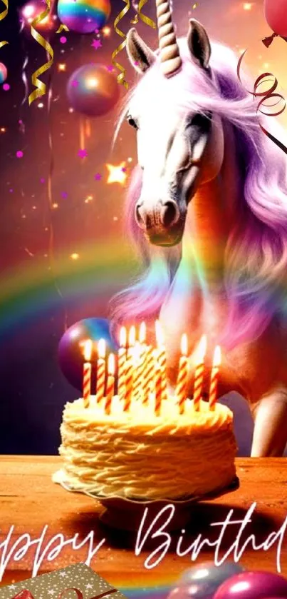 Unicorn with birthday cake and balloons in vibrant colors.