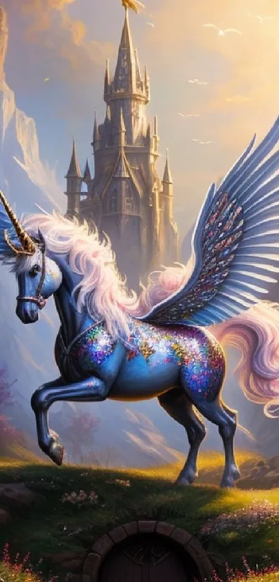 Magical unicorn with castle background.