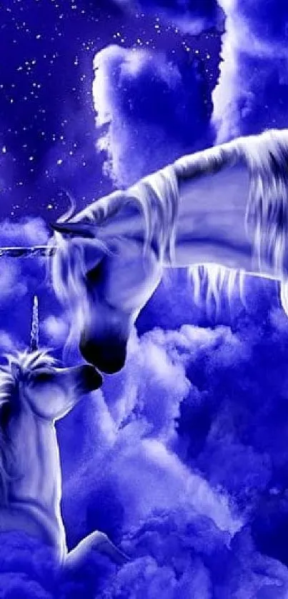 Dreamy unicorns in blue clouds with stars.