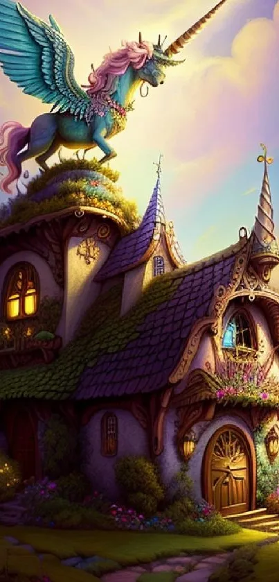 Whimsical unicorn atop a magical cottage.