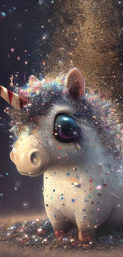 Cute unicorn with glittery sparkles on a dark background mobile wallpaper.