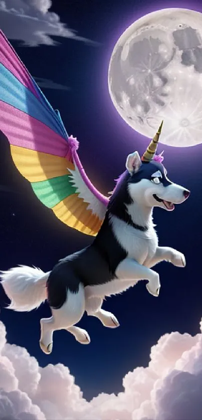 Winged unicorn dog flying beneath a full moon in a fantasy night sky.