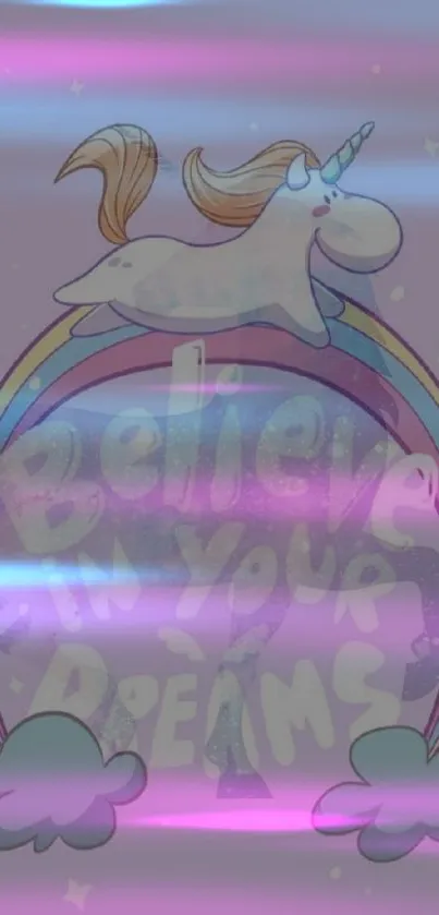 Magical unicorn leaping over a rainbow with 'Believe In Your Dreams' text.