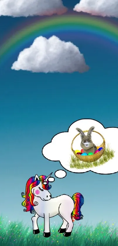 Whimsical unicorn with rainbow and clouds on a grassy field.