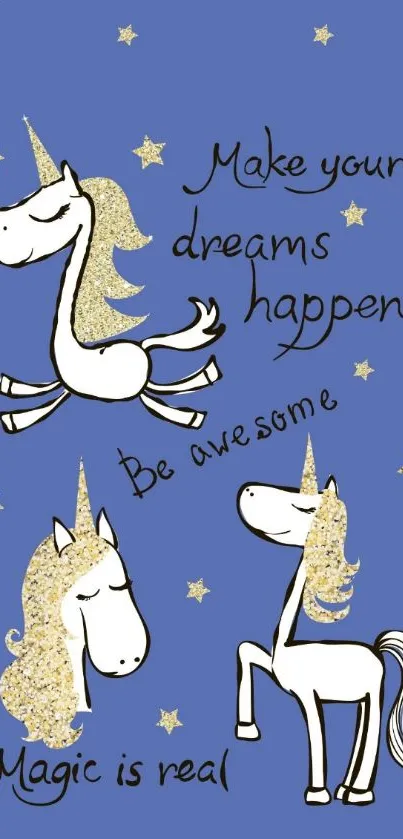 Inspirational unicorn wallpaper with quotes on blue background.