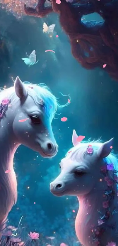 Magical unicorns with flowers in a forest at night.