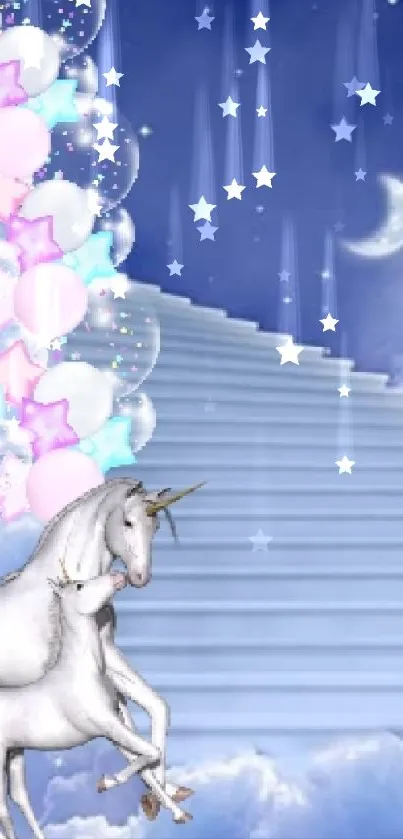 Enchanting unicorn and stairway with pastel balloons in a celestial sky.