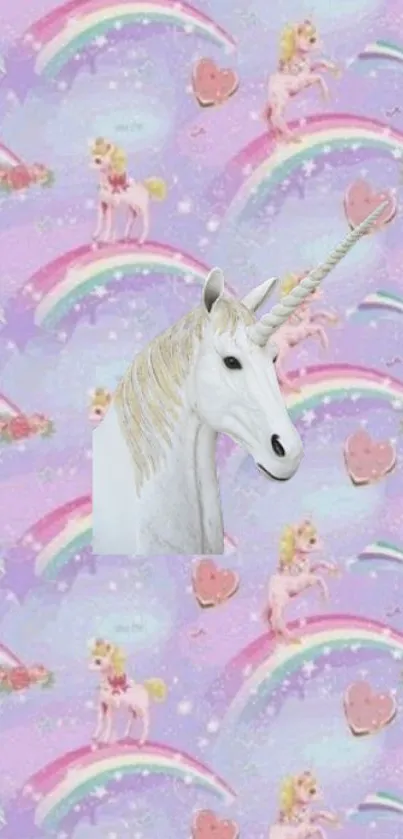 Unicorn with rainbows and hearts in pastel colors on a light lavender background.