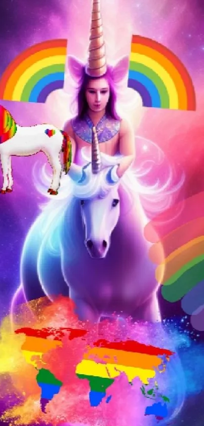 Fantasy wallpaper with unicorn, rainbow, and violet hues creating a magical atmosphere.