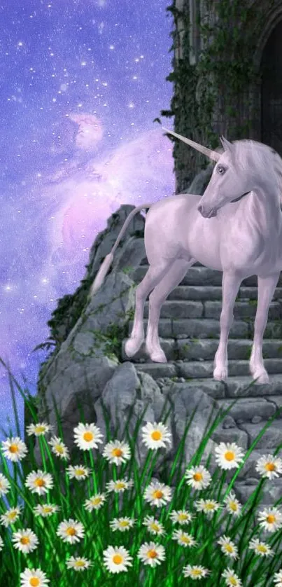 Wallpaper featuring a unicorn on stairs with a starry purple sky.