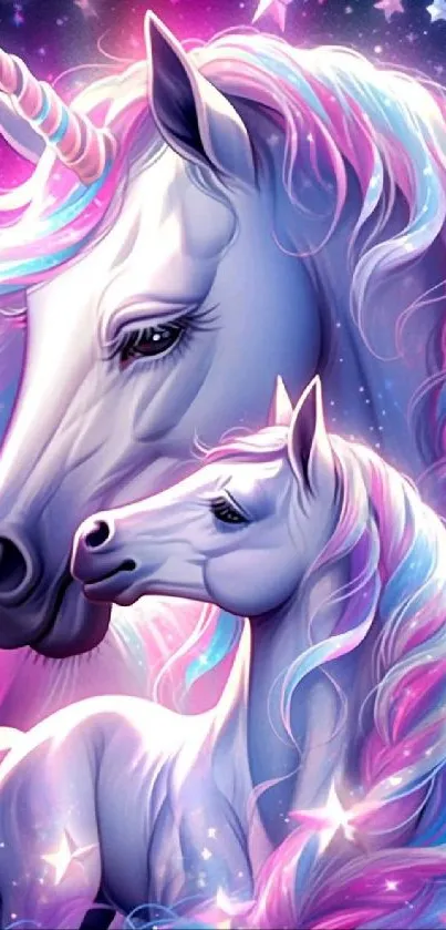 Two elegant unicorns with vibrant manes.