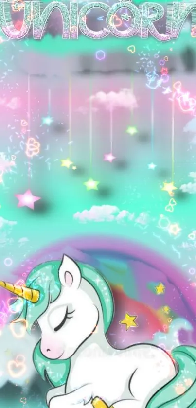 Magical unicorn wallpaper with turquoise background and fantasy elements.