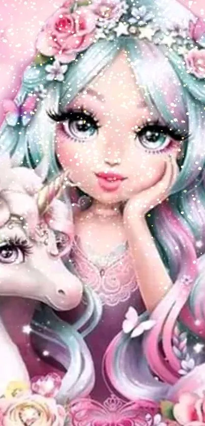 Magical girl with unicorn and floral accents in pink, pastel-themed wallpaper.