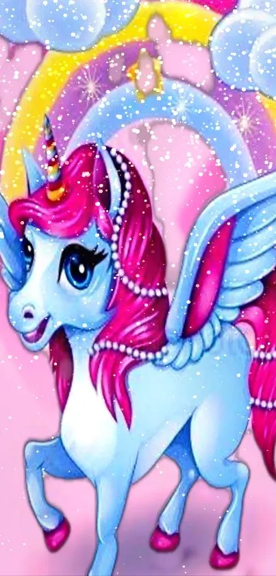 Whimsical unicorn with sparkling colors on pink background.