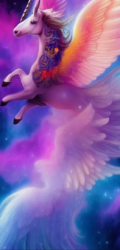 Vibrant unicorn with wings against a cosmic, colorful galaxy background.